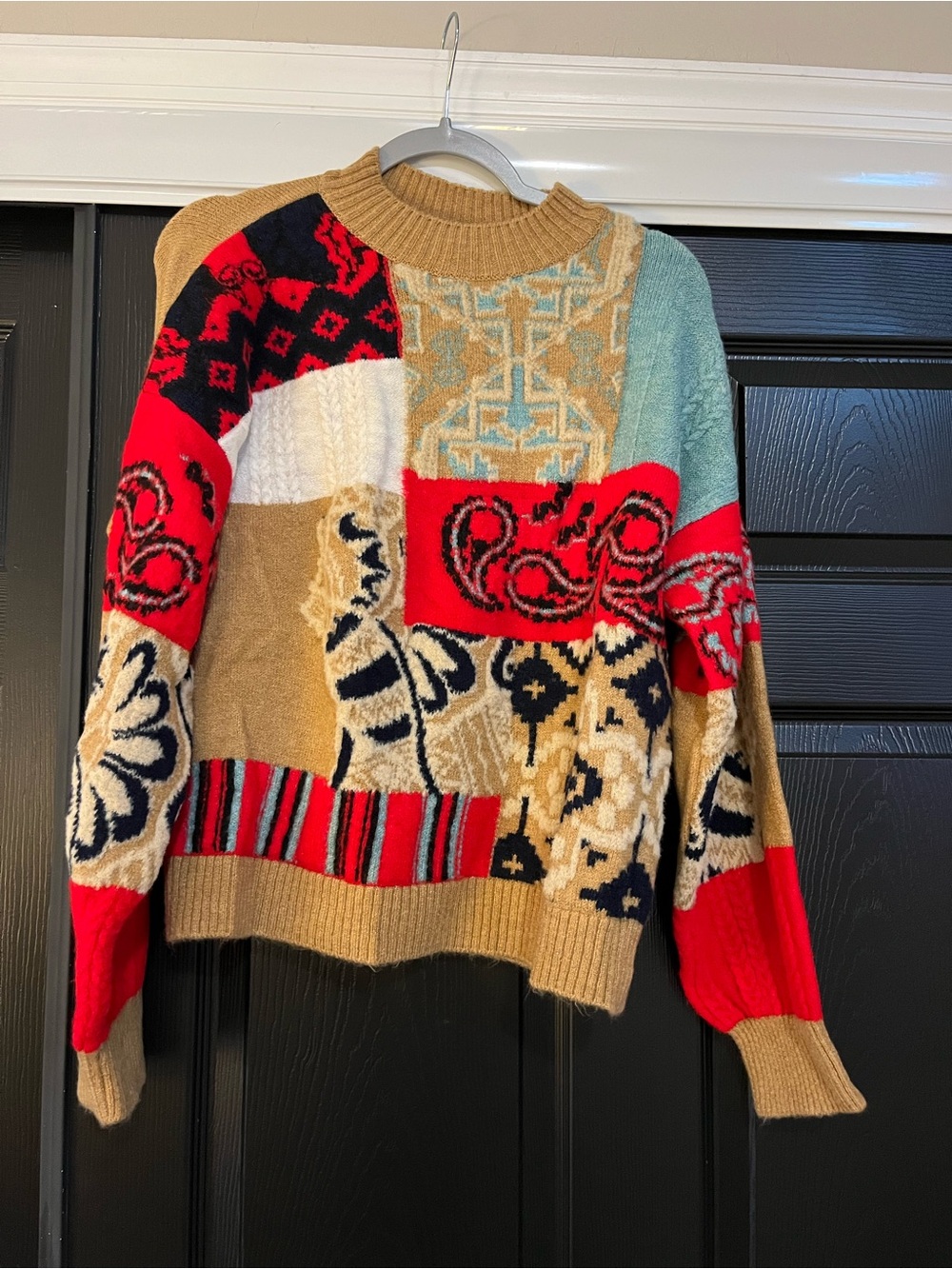 Anthropologie Patchwork Crewneck Sweater in Red, Tan, Black, Cream, Light Blue